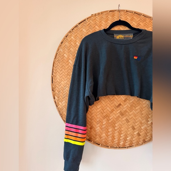 AVIATOR NATION UNISEX RUGBY STITCH CROPPED CREW SWEATSHIRT RELAXED CHARCOAL NEON - Picture 7 of 10